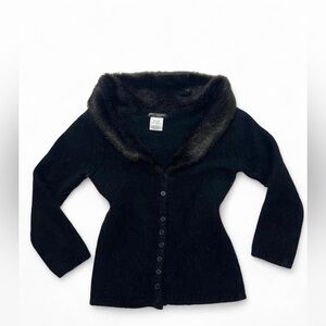Betsey Johnson Black Faux Fur-Trim Cardigan